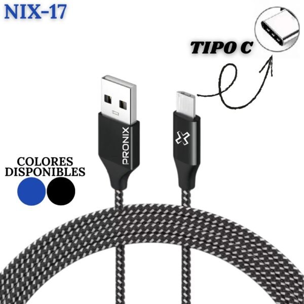 Cable Cargador Acordonado Tipo C Pronix Nix-17 3.4A 1 Metro