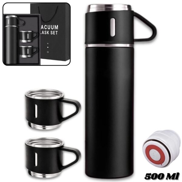Set de Botella Termo Tintero Termico Portatil 500ml con 3 Tazas Negro