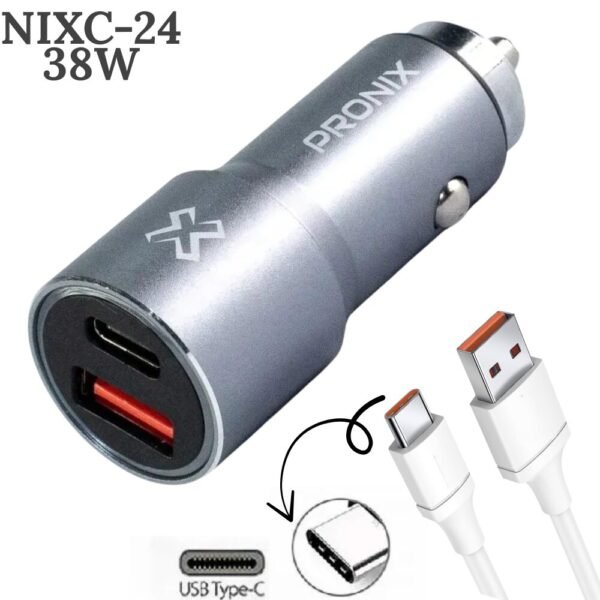 Cargador Pronix Para Carro Con Doble Puerto Tipo C y Usb 38W + Cable Tipo C Nixc-24
