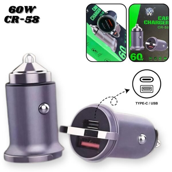 Cargador Cigarrera Para Carro 60W Carga Rapida Doble Puerto Usb y Tipo C Cr-58