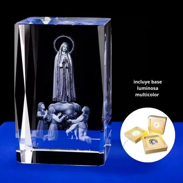 Lampara Cubo de Cristal 3D base de madera Luz multicolor Fatima con Niños