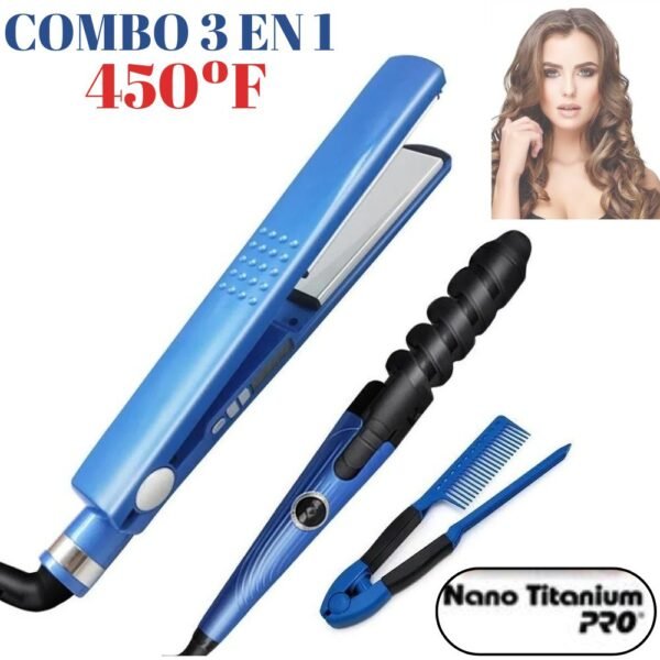 Combo Nano Titanium 3 En 1 Plancha De Cabello Rizador Peine