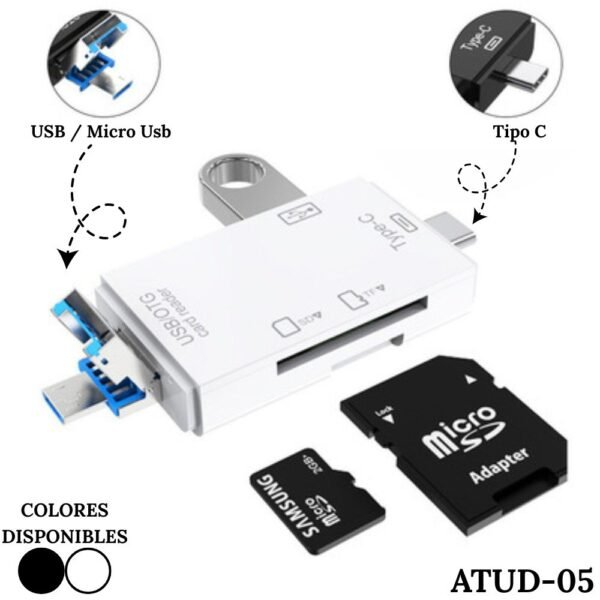 Adaptador Convertidor Multipuerto Lector De Tarjetas 6 En 1 Tipo C USB Micro A SD - Micro SD - USB ATUD-05