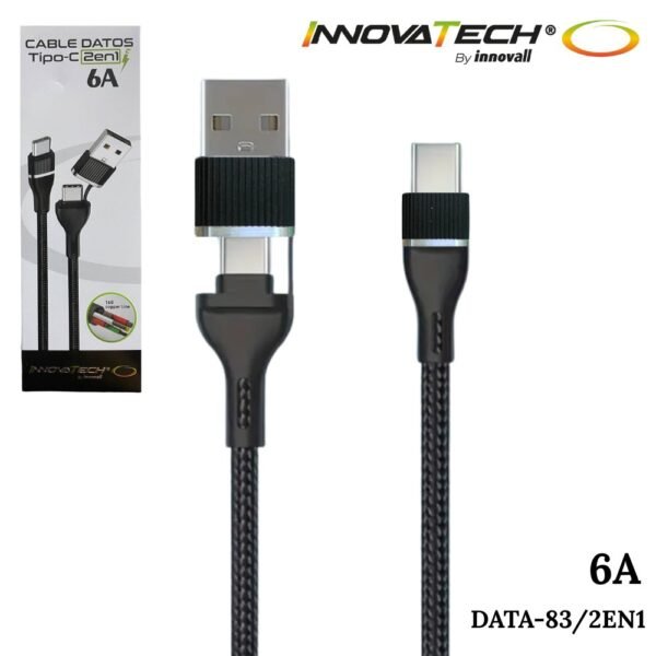 Cable Carga Rapida Acordonado Usb 2 En 1 Tipo C 6A Alta Calidad InnovaTech DATA-83