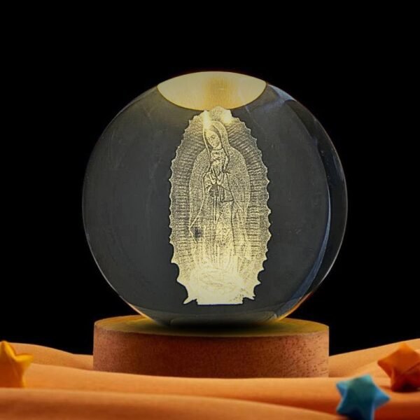 Lampara Esfera Bola De Cristal 3d Base De Madera Virgen de Guadalupe Grande