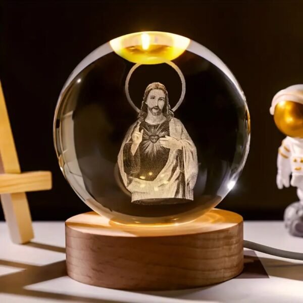 Lampara Esfera Bola De Cristal 3d Base De Madera Sagrado Corazon de Jesus Grande