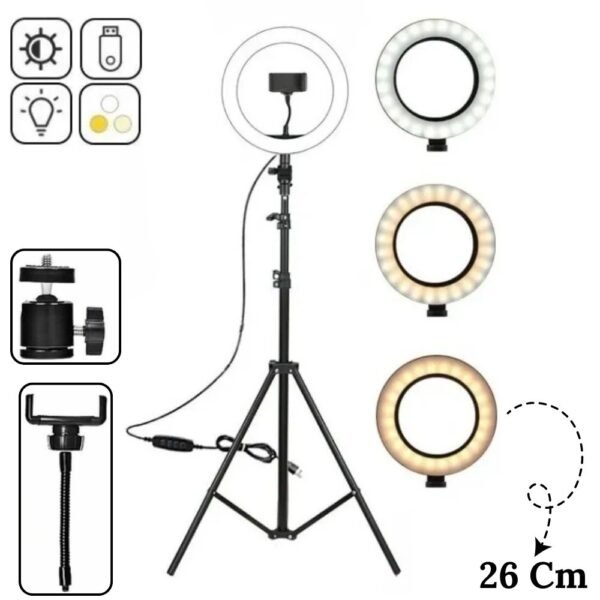 Aro De Luz Led 26 Cm Con Tripode Soporte 2 Metros
