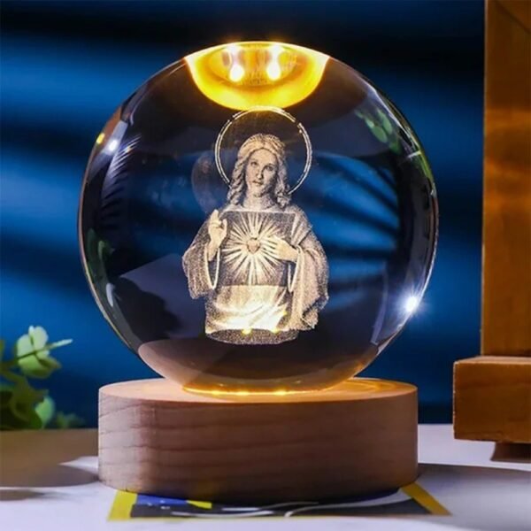 Lampara Esfera Bola De Cristal 3d Base De Madera Sagrado Corazon De Jesus