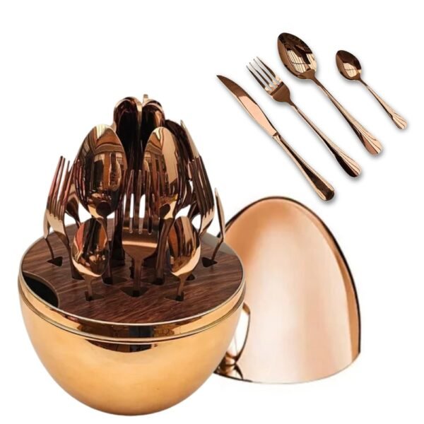 Juego De Cubiertos De Acero Inoxidable 24 Piezas Estuche En Forma De Huevo Bronce