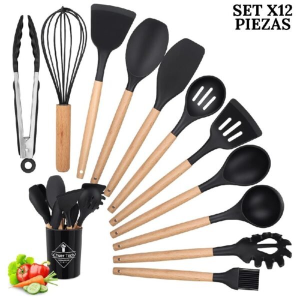 Set De Utensilios Para Cocina X12 Piezas En Silicona Negro