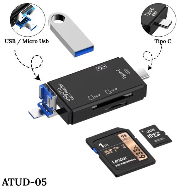 Adaptador Convertidor Multipuerto Lector De Tarjetas 6 En 1 Tipo C USB Micro A SD - Micro SD - USB ATUD-05
