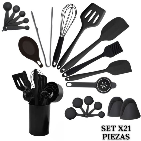 Set De Utensilios Para Cocina X21 Piezas En Silicona Negro