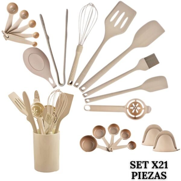 Set De Utensilios Para Cocina X21 Piezas En Silicona Beige