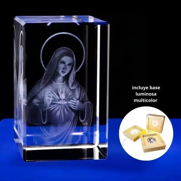 Lampara Cubo De Cristal 3d Base De Madera Luz Multicolor Virgen Inmaculado Corazon De Maria