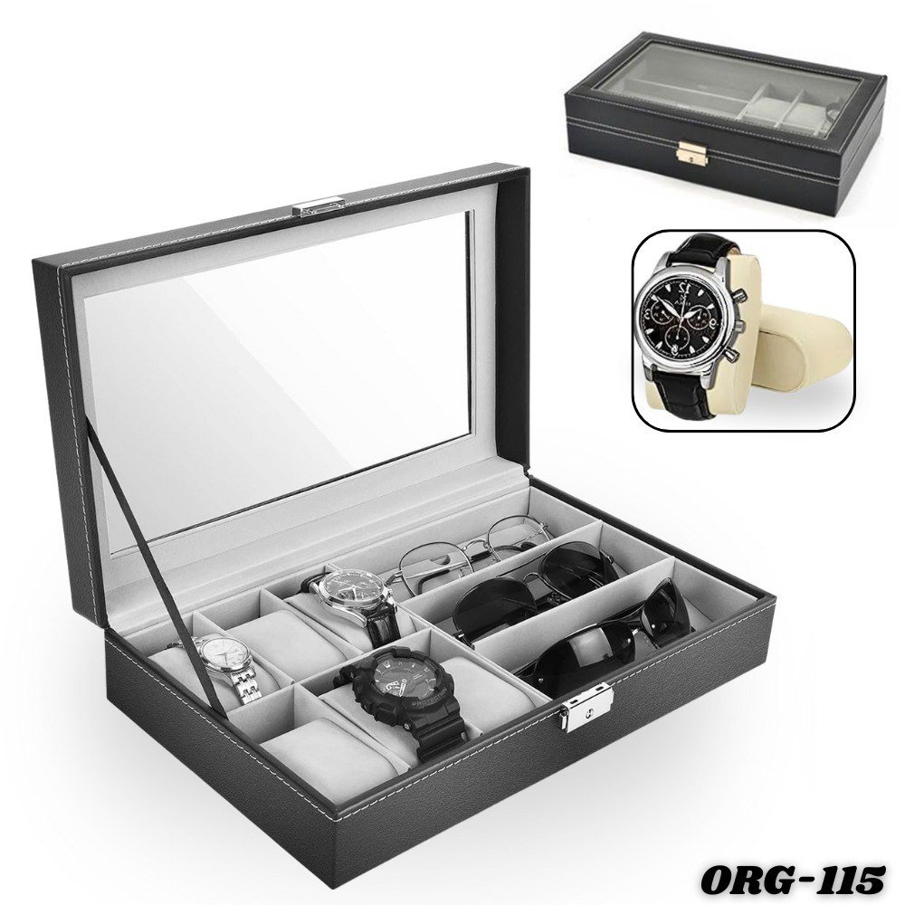 Cofre Para Relojes HQdeal - 3 Compartimentos, Ventana Transparente, Cojines Extraíbles, Negro De PU