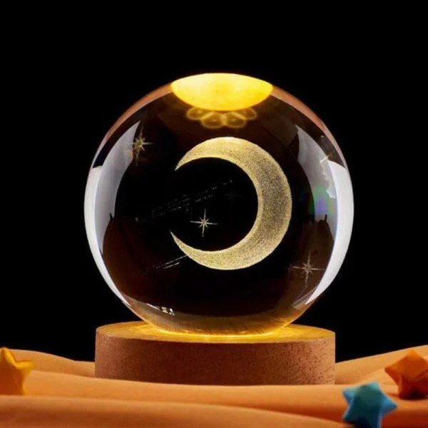 Lampara Esfera Bola De Cristal 3d Base De Madera Media Luna Grande