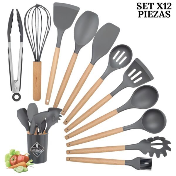Set De Utensilios Para Cocina X12 Piezas En Silicona Gris