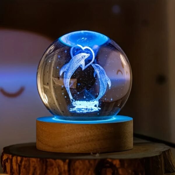 Lampara Esfera Bola De Cristal 3d Base De Madera Delfines Corazón Grande Multicolor