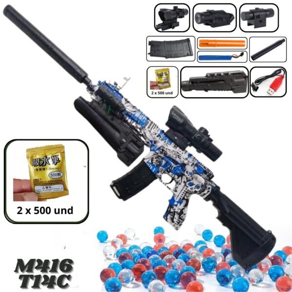 Juguete Pistola Electrica Hidrogel Con Bola De Gel M416 - T14C Azul