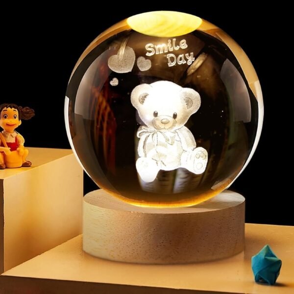 Lampara Esfera Bola De Cristal 3d Base De Madera Oso Smile Day
