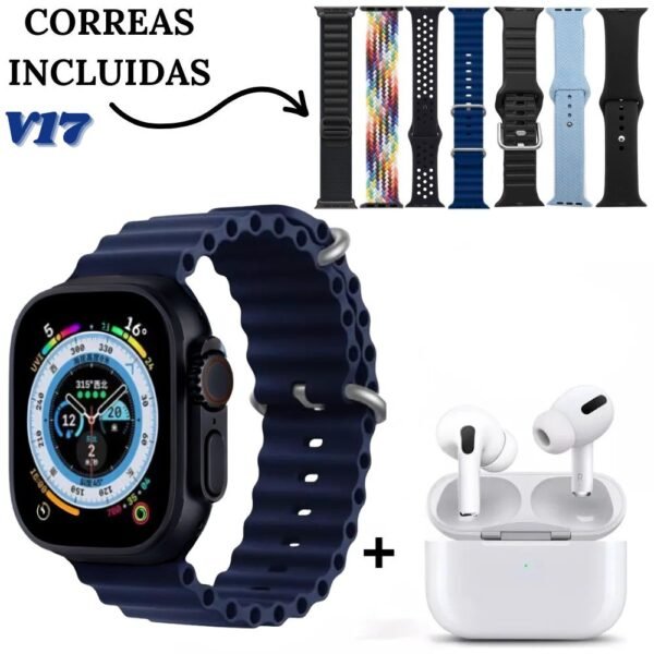 Reloj Inteligente Smartwatch Bluetooth Con Audifonos Inalambricos Y Manillas Intercambiables V17 Negro