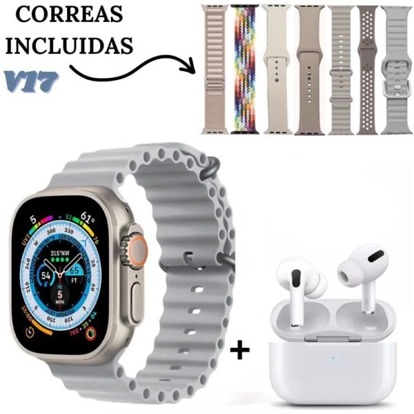 Reloj Inteligente Smartwatch Bluetooth Con Audifonos Inalambricos Y Manillas Intercambiables V17 Plateado