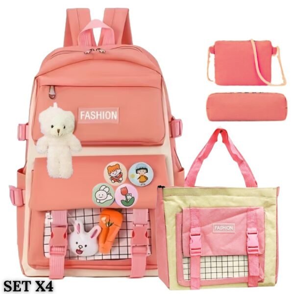 Set X4 Bolso Morral Maleta Escolar Viajero Portatil Multiuso Rosado