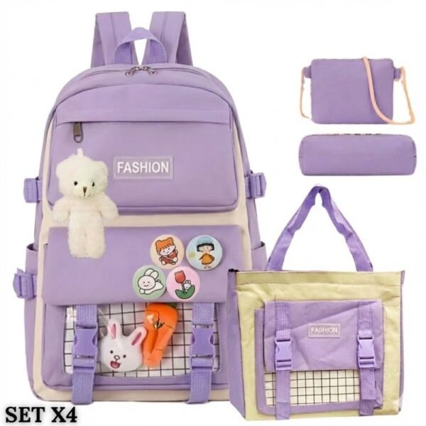 Set X4 Bolso Morral Maleta Escolar Viajero Portatil Multiuso Morado