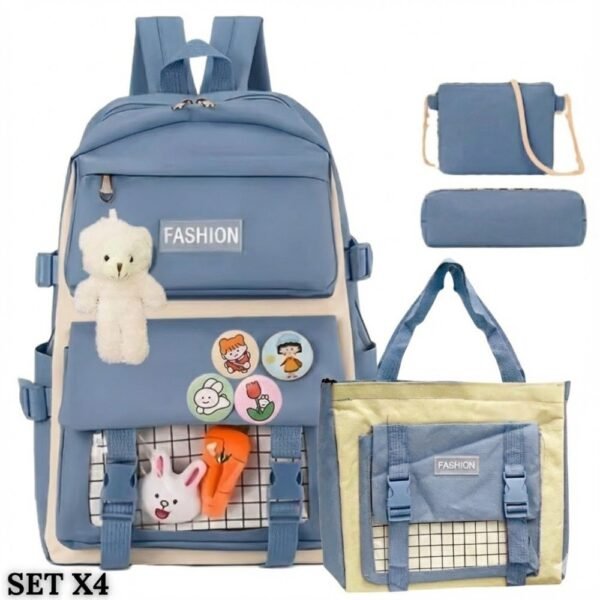 Set X4 Bolso Morral Maleta Escolar Viajero Portatil Multiuso Azul