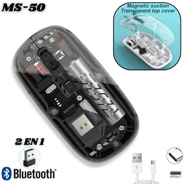 Mouse Inalambrico 2 En 1 Bluetooth Y Receptor Recargable Transparente Ms-50