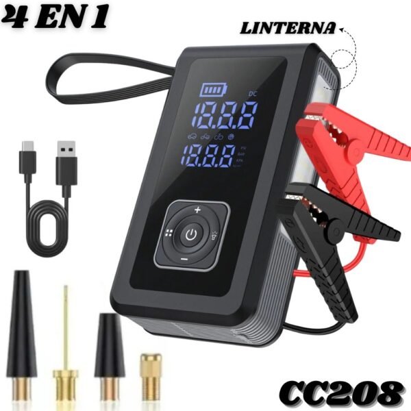 Inflador De Llantas Compresor Portatil Bateria Repuesto De Emergencia Iniciador Auto 4 En 1