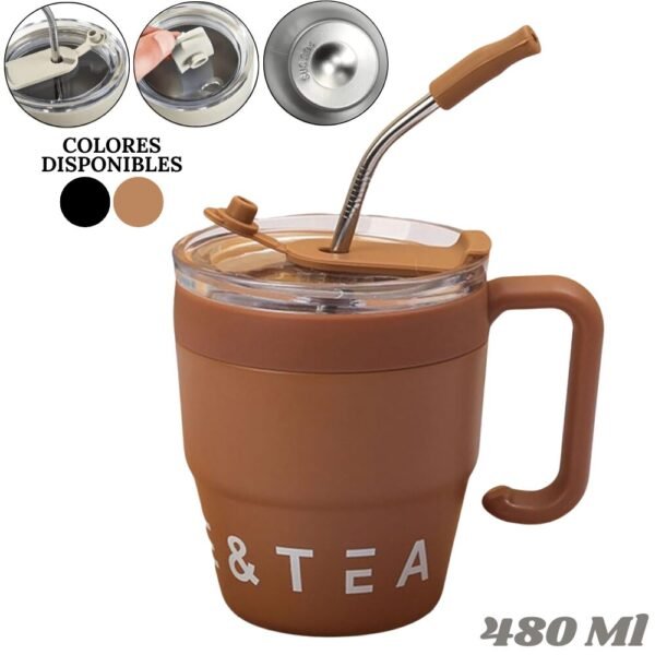 Vaso Mug Termico De Acero Inoxidable 480ml Con Asa y Pitillo Metalico