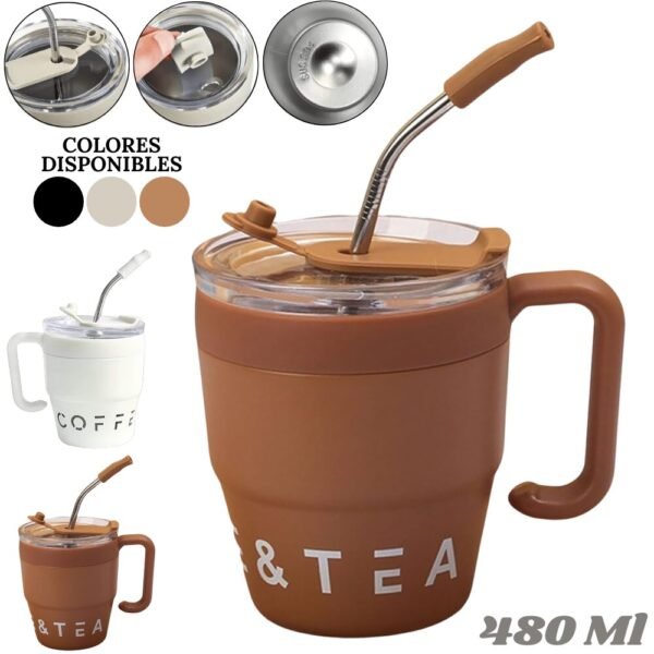 Vaso Mug Termico De Acero Inoxidable 480ml Con Asa y Pitillo Metalico