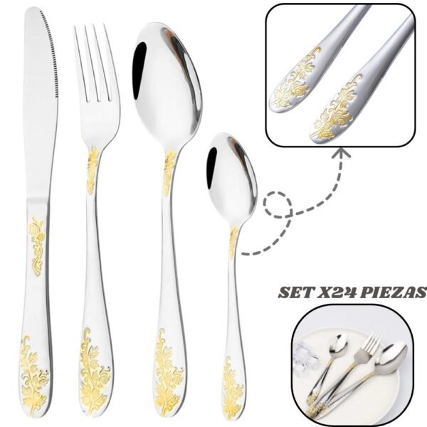 Juego De Cubiertos De Acero Inoxidable 24 Piezas Cuchillo Tenedores Cucharas Plateado Con Estampado