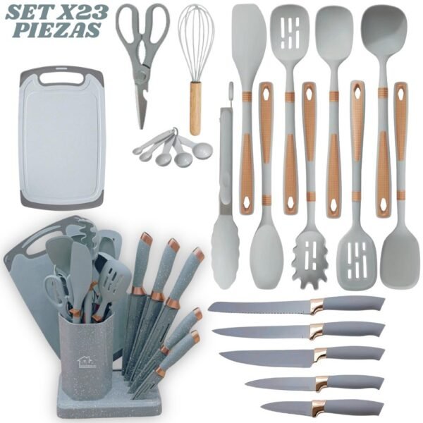 Set De Utensilios Cuchillos Para Cocina X23 Piezas En Silicona Con Tabla Para Picar Gris / Verde