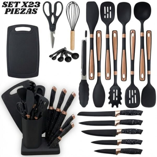Set De Utensilios Cuchillos Para Cocina X23 Piezas En Silicona Con Tabla Para Picar Negro
