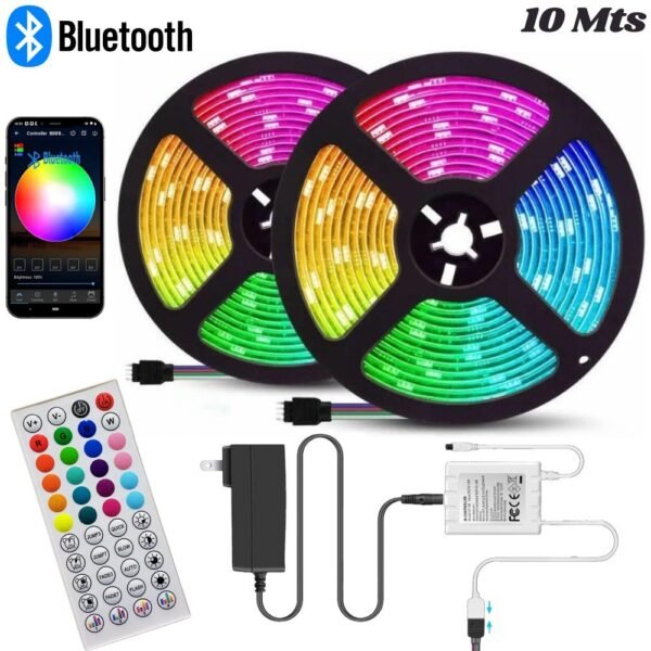 Cinta Led Tira Luces 10 Mts Rgb Multicolor Con Control Bluetooth Blister