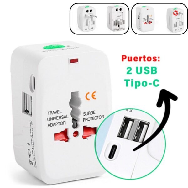 Adaptador Viajero Convertidor Corriente Universal Europeo Con Puerto Usb Y Puerto Tipo C