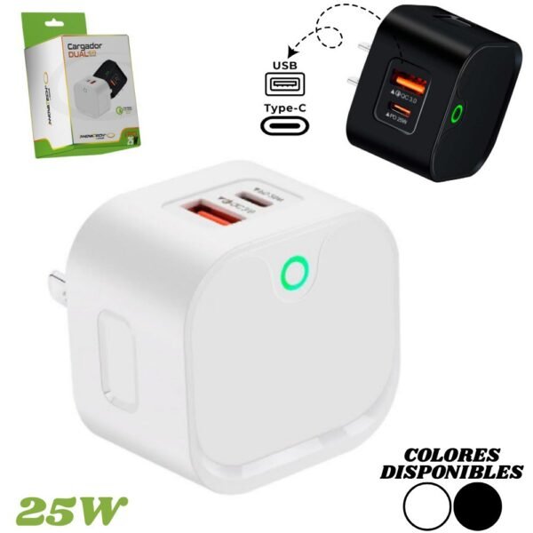 Cabezote Cargador De Pared 2 Puertos Usb Y Tipo C 25w Adaptador De Corriente
