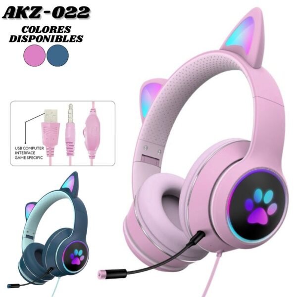 Diadema Alambrica Gamer Akz-022 Orejas De Gato Iluminacion Rgb Audifonos Usb