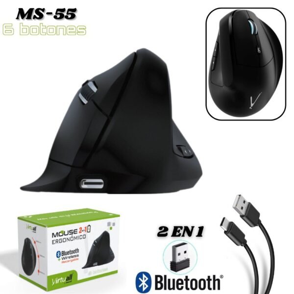 Mouse Inalambrico Vertical Ergonomico 2 En 1 Bluetooth Y Receptor Recargable Ms-55