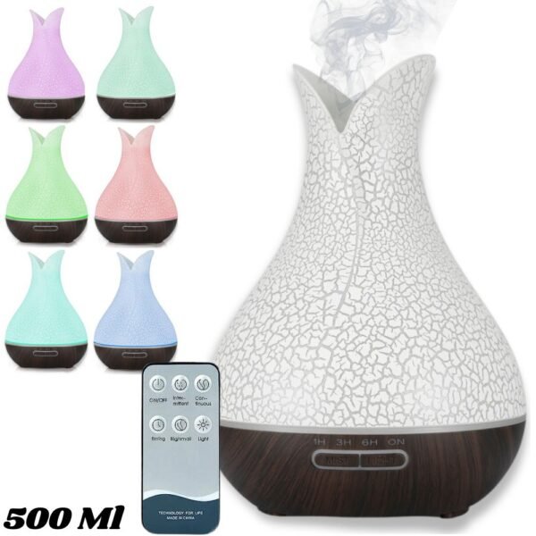 Humidificador Difusor De Aromas 500 Ml Craquelado Cascara De Huevo Base Madera Oscura