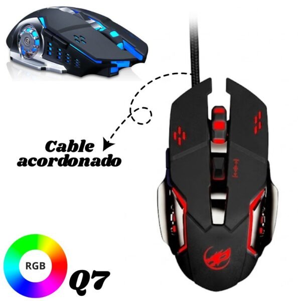 Mouse alambrico Gamer Usb Q7 Con Iluminacion rgbMouse alambrico Gamer Usb Q7 Con Iluminacion rgb El Mouse Gamer Alámbrico Q7, es una herramienta de precisión diseñada para los jugadores que exigen rendimiento y estilo. Olvídate de los mouse genéricos y prepárate para una experiencia de juego increíble. Características: - Iluminación LED: Este modelo destaca por su vibrante iluminación LED RGB. este mouse añade un toque de agresividad y estilo a tu configuración de juego, especialmente en entornos oscuros. ¡Crea una atmósfera envolvente y destaca en cada partida! - Ergonomía Superior: Las curvaturas y contornos se adaptan a la palma y los dedos, reduciendo la fatiga durante sesiones de juego prolongadas y garantizando un control máximo. - Precisión y Control Ajustables: Equipado con un sensor óptico de alta calidad, este mouse ofrece una resolución ajustable (DPI) para adaptarse a tu estilo de juego. Ya sea que necesites una sensibilidad baja para apuntar con precisión o una sensibilidad alta para movimientos rápidos. - Botones Laterales y Rueda de Desplazamiento: Además de los botones principales y el botón DPI, este mouse incluye dos botones laterales adicionales - Cable de Alta Resistencia: Para una conexión alámbrica confiable y sin retrasos, el mouse Q7 incluye un cable trenzado de alta resistencia. Este cable no solo es más duradero que los cables de plástico tradicionales, sino que también reduce los enredos y el arrastre, asegurando movimientos fluidos y sin interrupciones. Especificaciones: - Modelo: Q7. - Tipo: Mouse gamer alámbrico - Conexión: USB - Iluminación: RGB. - Resolución (DPI): Ajustable.