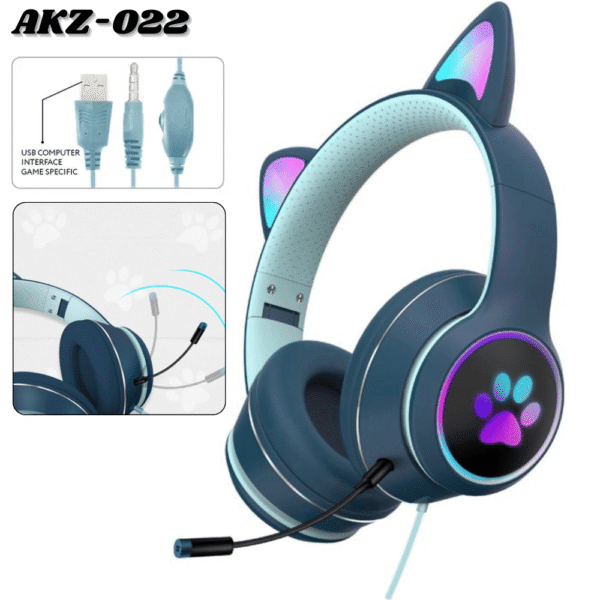 Diadema Alambrica Gamer Akz-022 Orejas De Gato Iluminacion Rgb Audifonos Usb