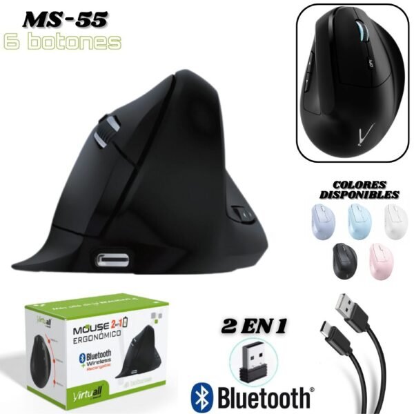 Mouse Inalambrico Vertical Ergonomico 2 En 1 Bluetooth Y Receptor Recargable Ms-55