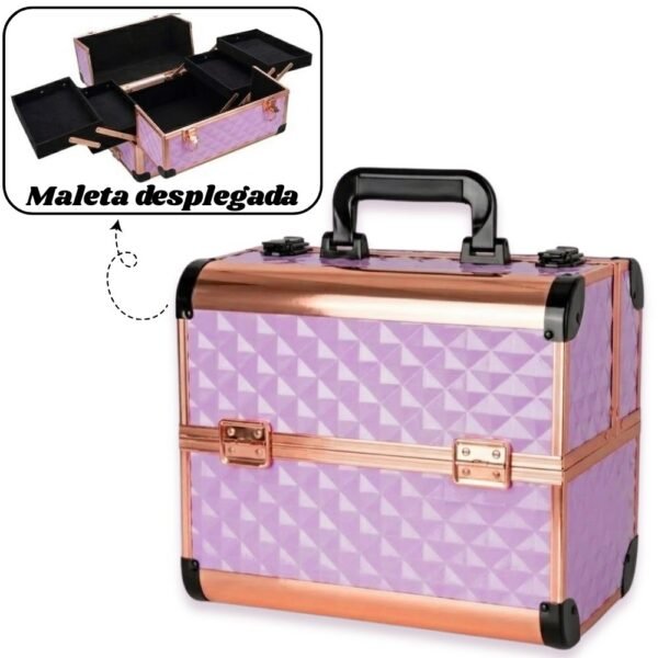 Maleta Organizador De Maquillaje Cosmetiquera Neceser 4 Bandejas Morada Oro Rosa