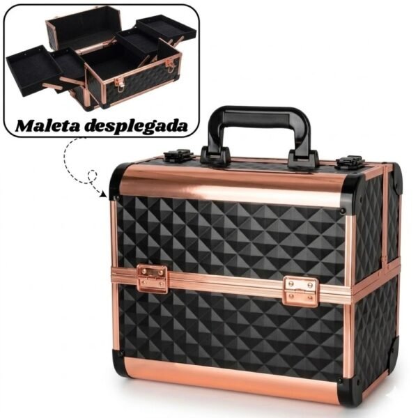 Maleta Organizador De Maquillaje Cosmetiquera Neceser 4 Bandejas Negra Oro Rosa