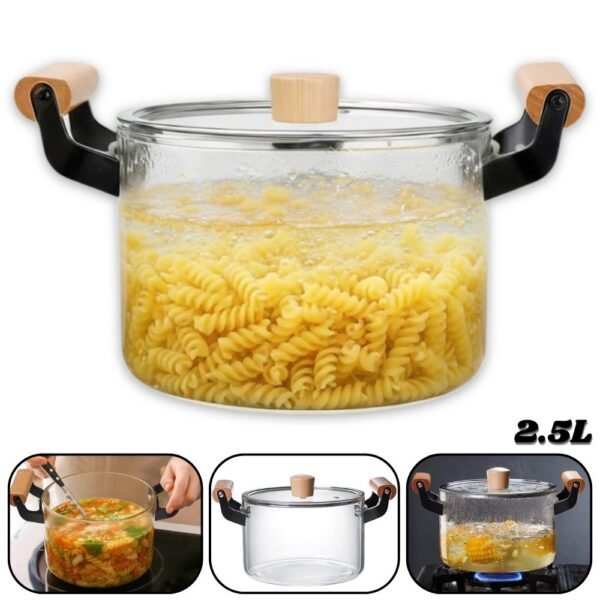 Olla Cacerola De Vidrio Borosilicato Transparente Con Tapa 2.5L