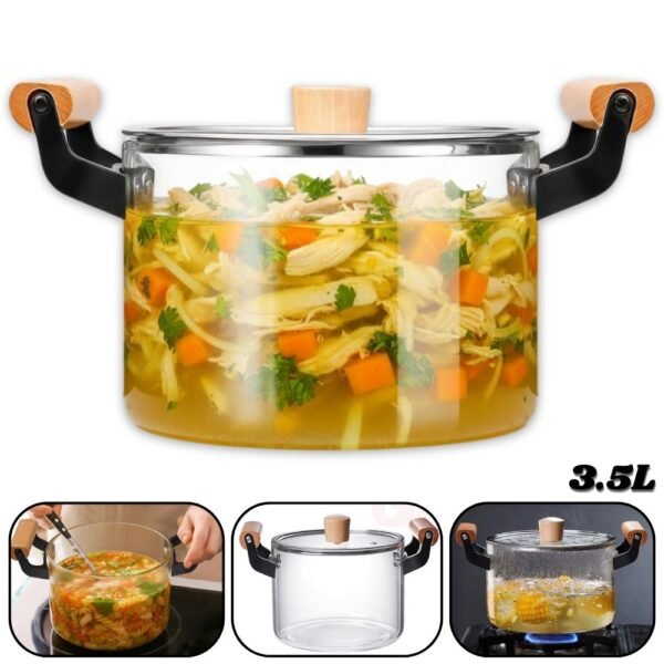 Olla Cacerola De Vidrio Borosilicato Transparente Con Tapa 3.5L
