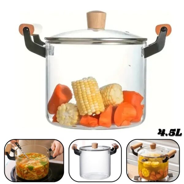 Olla Cacerola De Vidrio Borosilicato Transparente Con Tapa 4.5L